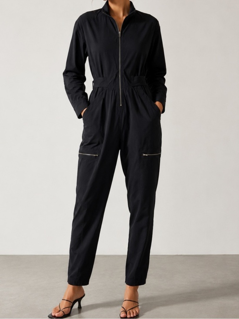 Athleta Lenox Black Zip Front Stretch Travel Athleisure Utility Jumpsuit